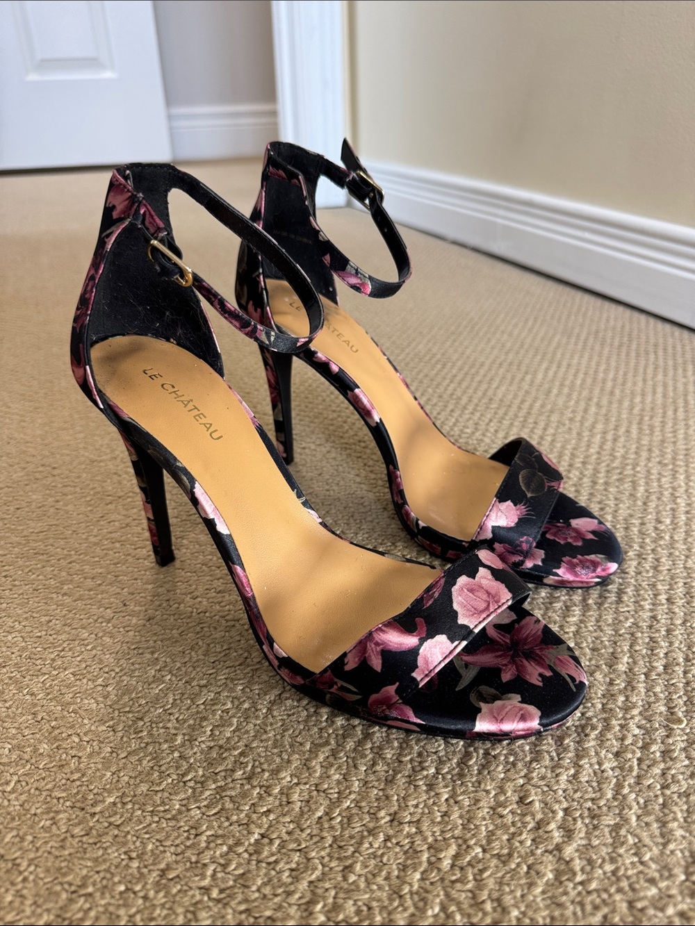 le chateau Black and Pink Floral Ankle-Strap Stiletto Heels
